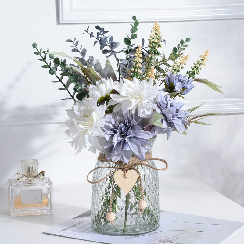 COZZI CODI Fake Flowers Artificial Blue Flowers with Vase Table Centerpieces for Dining Room Silk Flower Arrangements for Home Living Room Bathroom Plant Decor Centerpiece Table Decorations
