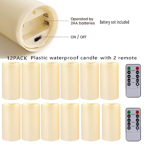Hanzim 12PACK Waterproof Flameless Candles with Remote Control Candle, Battery Operated Flickering LED Pillar Candle Plastic,Large Size(D3 x H5.5) for Outdoor/Indoor Decoration Wedding, Party, Birthday - Image 5
