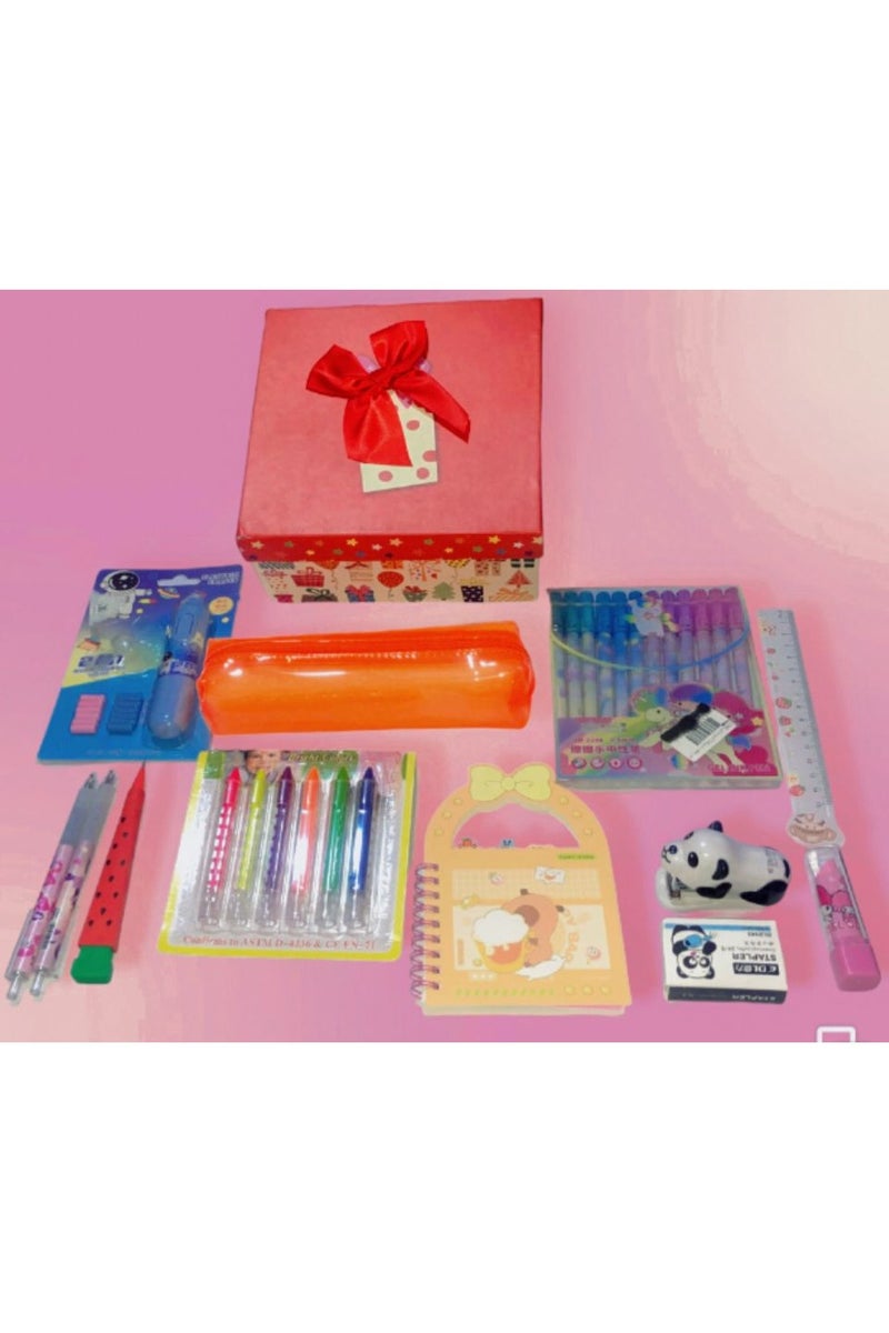 Box school supplies set consisting of 27 pieces (leather fluorescent pencil case + cartoon notebook + 6 face paint colors + 12 gel pens + children's eraser card with fan + office stapler with pins + lipstick eraser + cartoon ruler + 2 children's pens + watermelon pencil) - Image 1