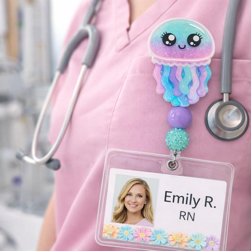 YJ PREMIUMS Jellyfish Badge Reel Cute Nurse Pediatric Acrylic ID Name Retractable Holder Clip Kawaii Blue Girly Cartoon Gifts for Peds Nurses Week Pharmacy Medical Assistant RN Coworkers Teachers Healthcare - Image 3