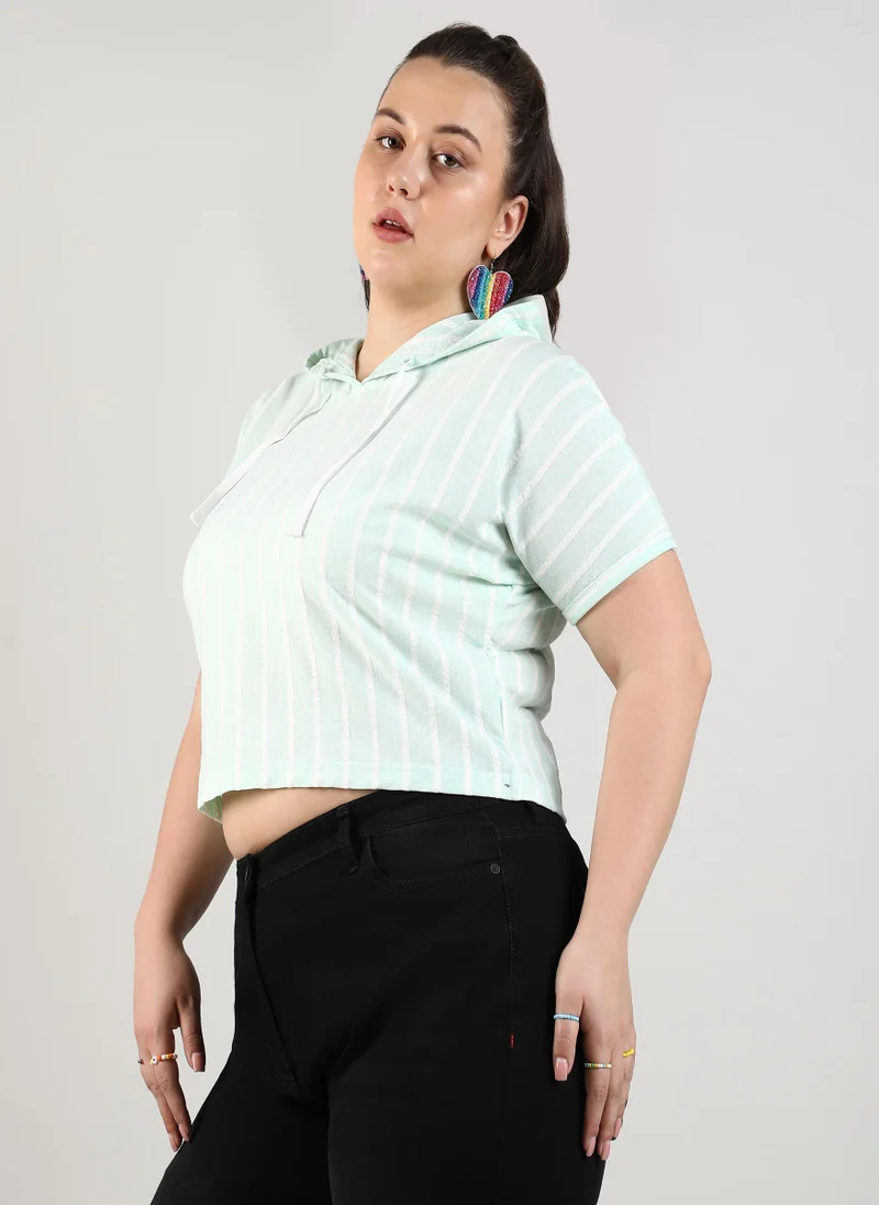 Instafab Plus Women's Mint Green Pinstripe Top For Casual Wear | Hooded Neck | Short Sleeve | Plus-Size Top Crafted With Regular Sleeve, Comfort Fit & High-Performance For Everyday Wear