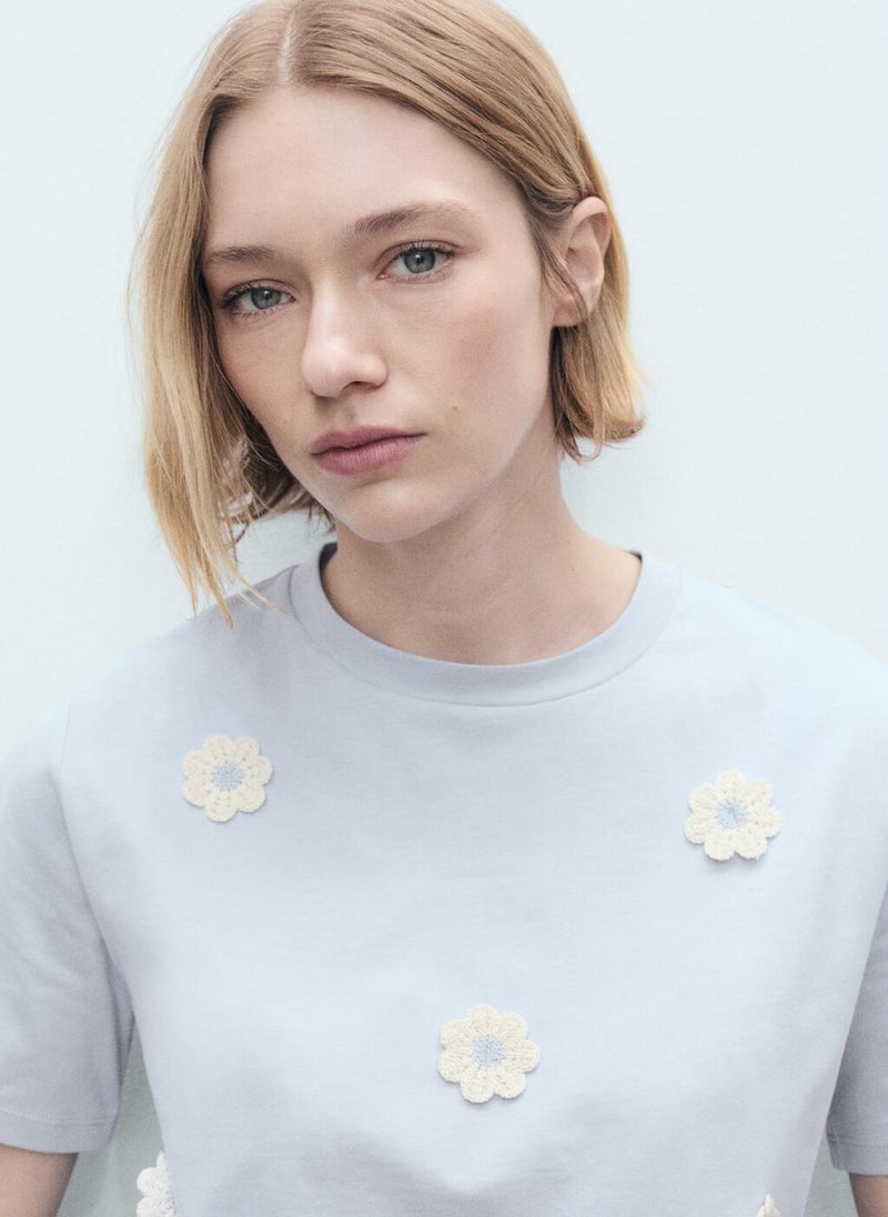 MANGO Flower Detail Crew Neck T-Shirt  - Image 3