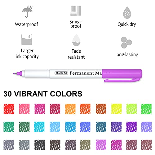 Shuttle Art Permanent Marker, 30 Colors Ultra Fine Point, Assorted Colors, Works on Plastic,Wood,Stone,Metal and Glass for Kids Adult Coloring Doodling Marking - Image 3
