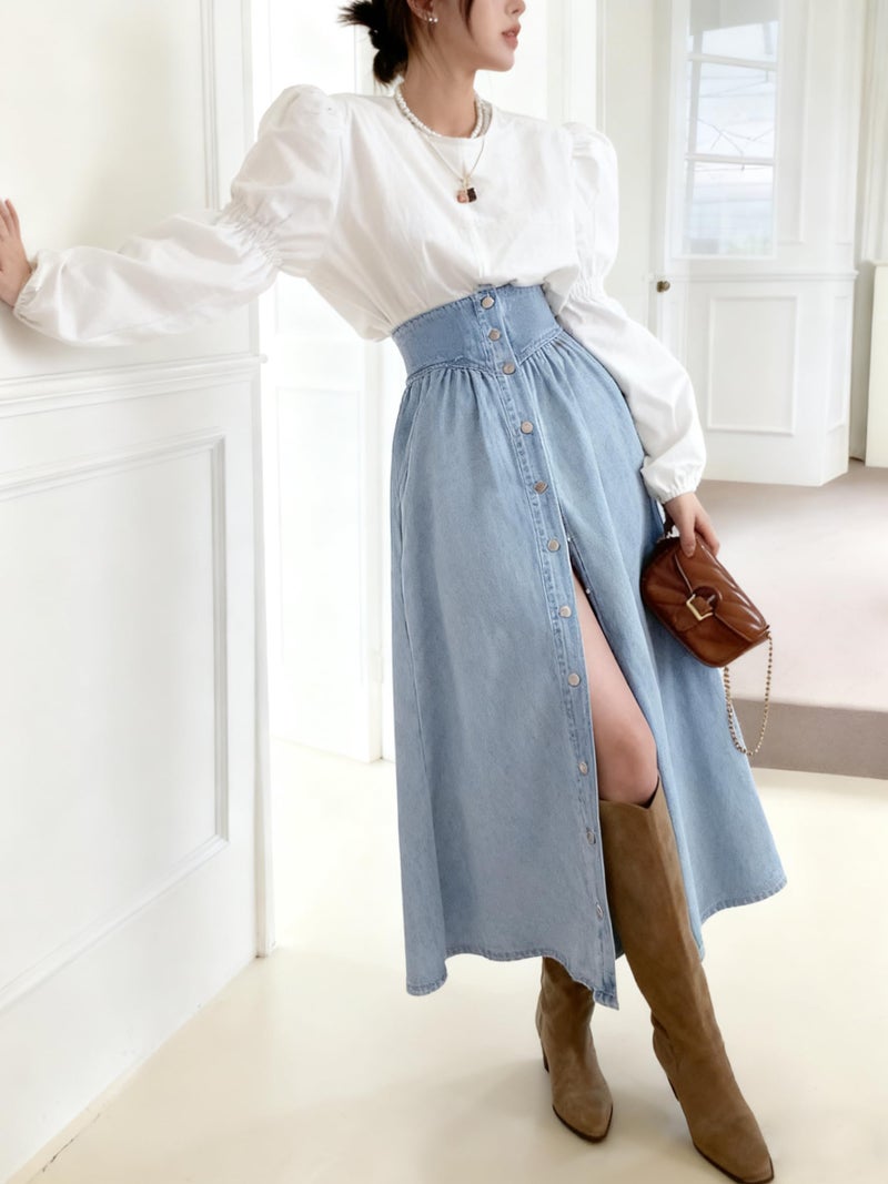 utcoco Women's High Waist Long Denim Skirt Button Down Swing A-Line Jean Maxi Skirt with Pockets (X-Small, Light Blue) - Image 2