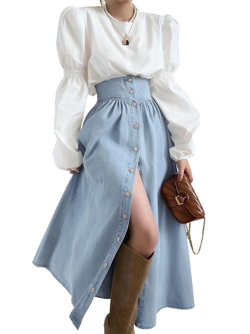 utcoco Women's High Waist Long Denim Skirt Button Down Swing A-Line Jean Maxi Skirt with Pockets (X-Small, Light Blue) - Image 1