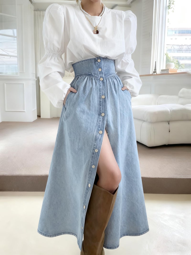utcoco Women's High Waist Long Denim Skirt Button Down Swing A-Line Jean Maxi Skirt with Pockets (X-Small, Light Blue) - Image 4