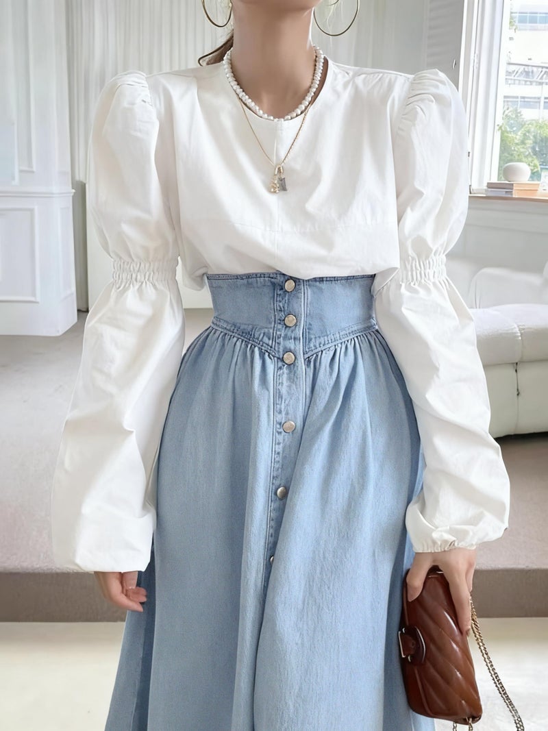 utcoco Women's High Waist Long Denim Skirt Button Down Swing A-Line Jean Maxi Skirt with Pockets (X-Small, Light Blue) - Image 3