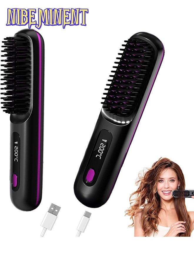 NIBEMINENT Wireless Hair Straightener Brush, Portable Mini Ceramic Ionic Straightening Comb and curler 2 in 1, Thermal Brush 20s Fast Heating & 3 Temp Settings & Anti-Scald  - Image 2