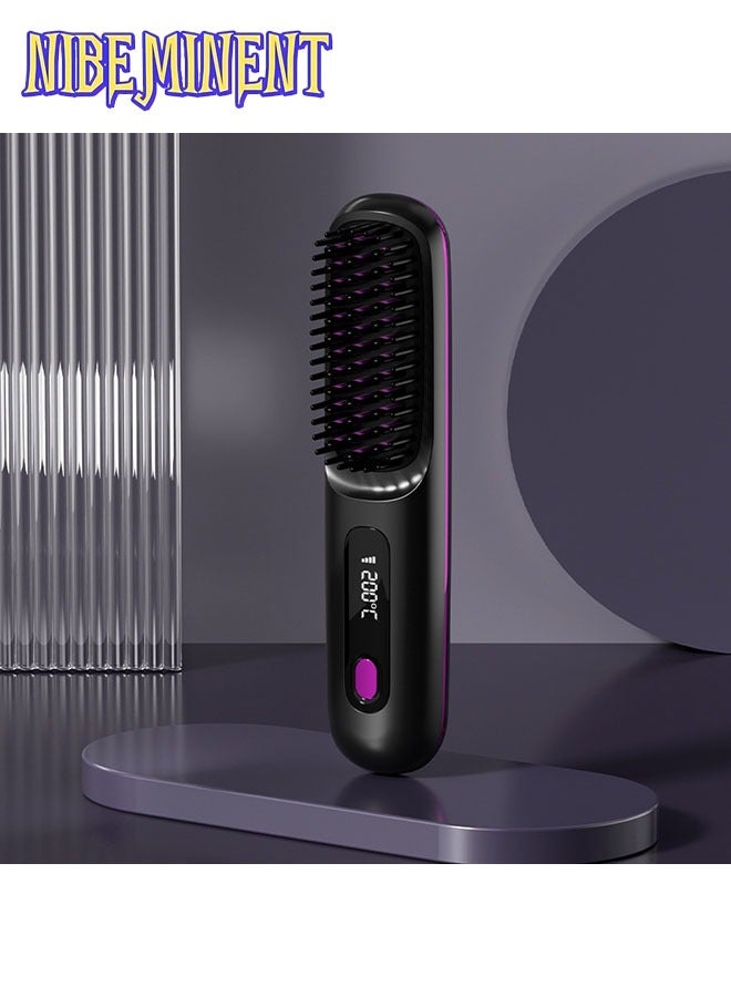 NIBEMINENT Wireless Hair Straightener Brush, Portable Mini Ceramic Ionic Straightening Comb and curler 2 in 1, Thermal Brush 20s Fast Heating & 3 Temp Settings & Anti-Scald  - Image 1