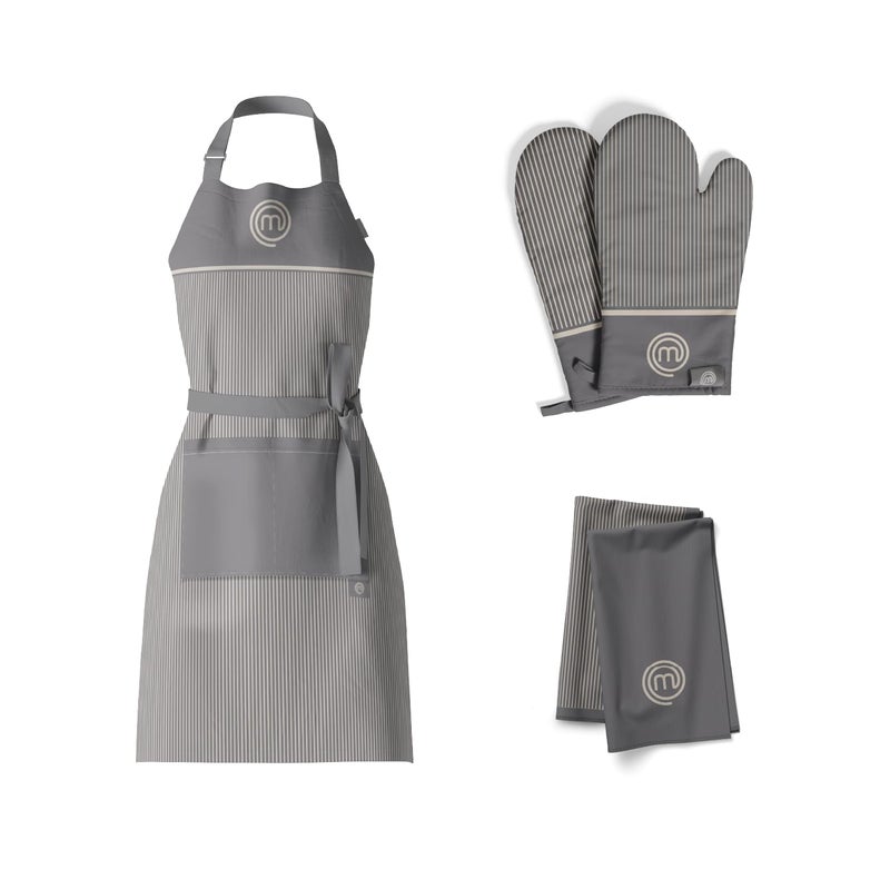 MasterChef Kitchen Set of Cooking Gifts for Men & Women  5pc Set includes Chef Apron  Pair of Oven Mitts & 2 x Kitchen Towels  Premium Quality Cotton with Official Logo  Earth Grey - Image 1