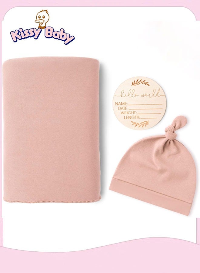 Kissy Baby Newborn Swaddle Newborn Baby Receiving Blanket with Matching Headband and Baby Hat, Pink（80cmx80cm)  - Image 1