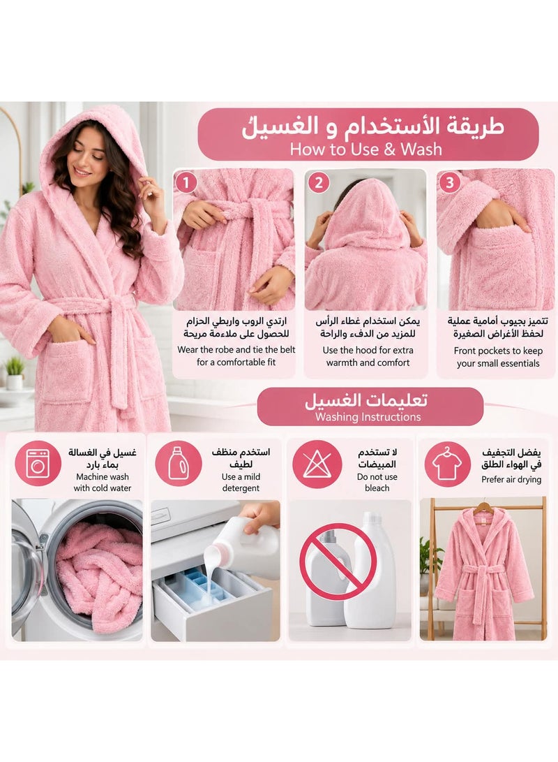 نوريل برنص نسائي فاخر بغطاء رأس – برنص ناعم ودافئ مع حزام خصر وجيوب أمامية – برنص مريح للمنزل والحمام والسبا – مقاس XL – وردي - Image 3