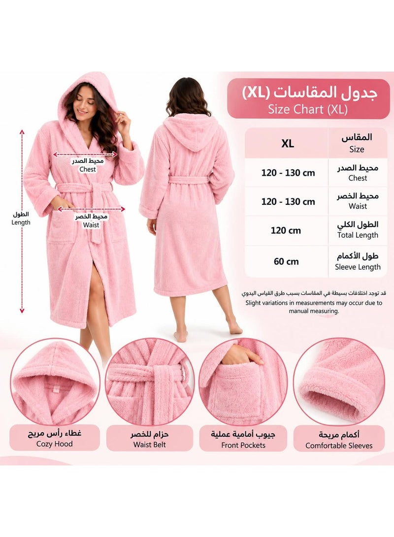 نوريل برنص نسائي فاخر بغطاء رأس – برنص ناعم ودافئ مع حزام خصر وجيوب أمامية – برنص مريح للمنزل والحمام والسبا – مقاس XL – وردي - Image 4
