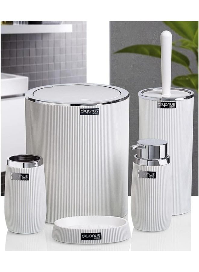 Okyanus 5 piece bathroom accessories set with chrome accents  modern ribbed design trash can toilet brush soap dispenser & holders  stylish bathroom decor white - Image 1