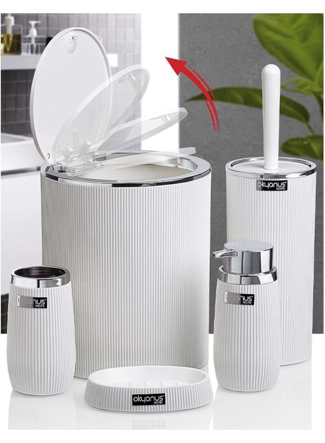 Okyanus 5 piece bathroom accessories set with chrome accents  modern ribbed design trash can toilet brush soap dispenser & holders  stylish bathroom decor white - Image 2