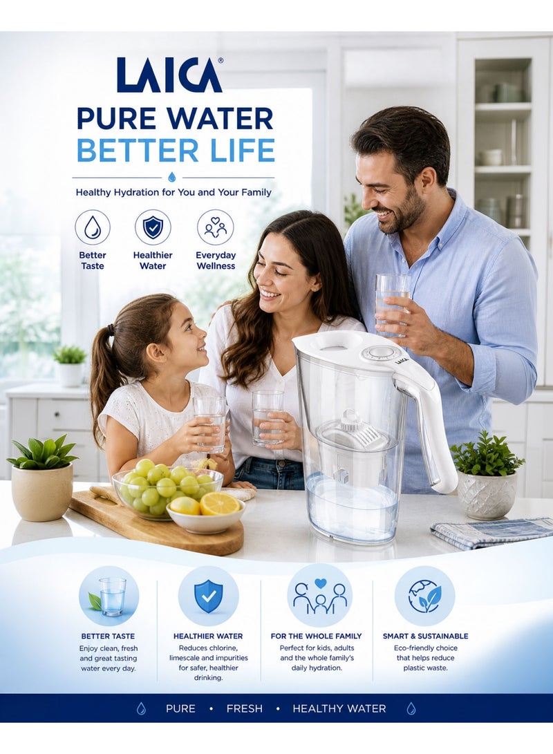LAICA Water Filter Jug Carmen White 2.3L BPA Free Filter Pitcher with Bi-Flux Cartridge Fast Filtration Chlorine Removal Limescale Reduction Odor Improvement Fridge Door Friendly Electronic Indicator Reusable Eco Friendly Drinking Water Purifier for Home Kitchen - Image 5