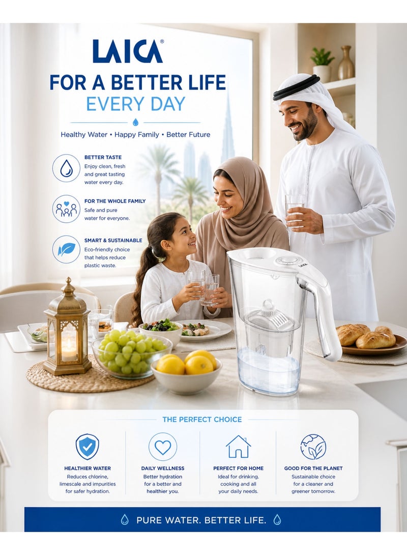LAICA Water Filter Jug Carmen White 2.3L BPA Free Filter Pitcher with Bi-Flux Cartridge Fast Filtration Chlorine Removal Limescale Reduction Odor Improvement Fridge Door Friendly Electronic Indicator Reusable Eco Friendly Drinking Water Purifier for Home Kitchen - Image 1