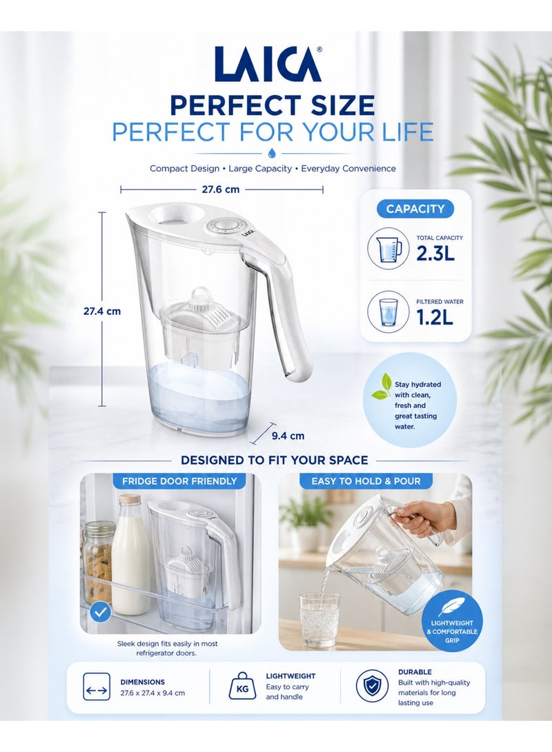LAICA Water Filter Jug Carmen White 2.3L BPA Free Filter Pitcher with Bi-Flux Cartridge Fast Filtration Chlorine Removal Limescale Reduction Odor Improvement Fridge Door Friendly Electronic Indicator Reusable Eco Friendly Drinking Water Purifier for Home Kitchen - Image 2