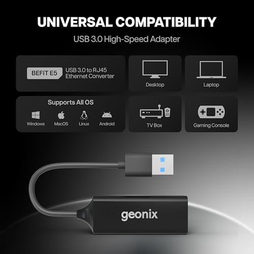 Geonix Befit E5 USB 3.0 to rj45 Ethernet Adapter, 1000Mbps LAN Network Converter, Plug & Play,Compact ABS Build, Compatible with Windows & Mac OS etc, LED Indicator | Black - Image 2