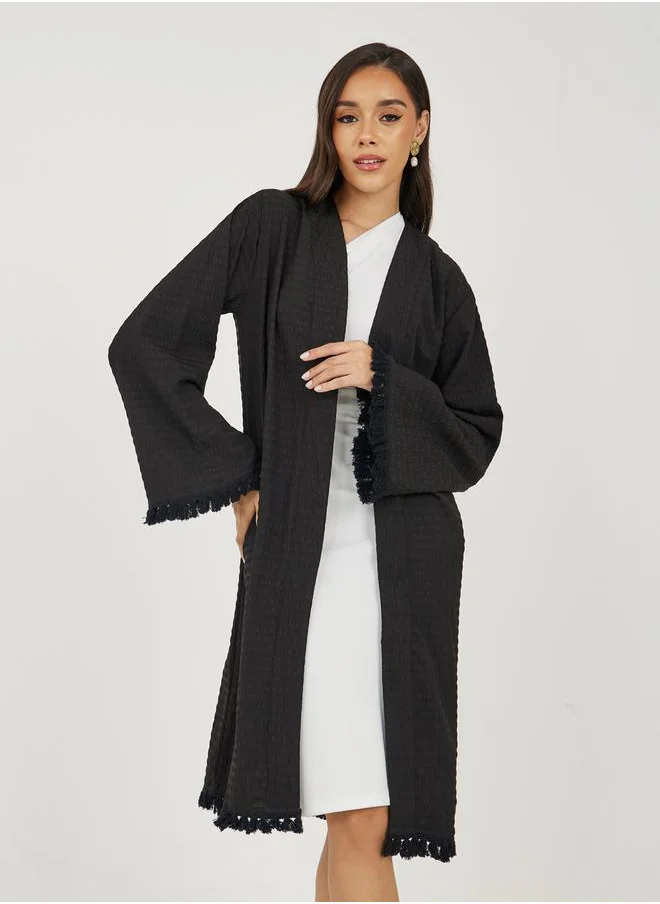 ستايلي Textured Knee Length Kimono with Fringe Detail