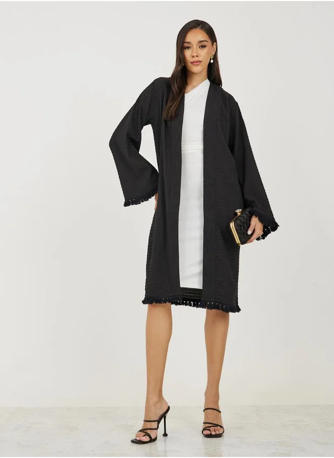 ستايلي Textured Knee Length Kimono with Fringe Detail