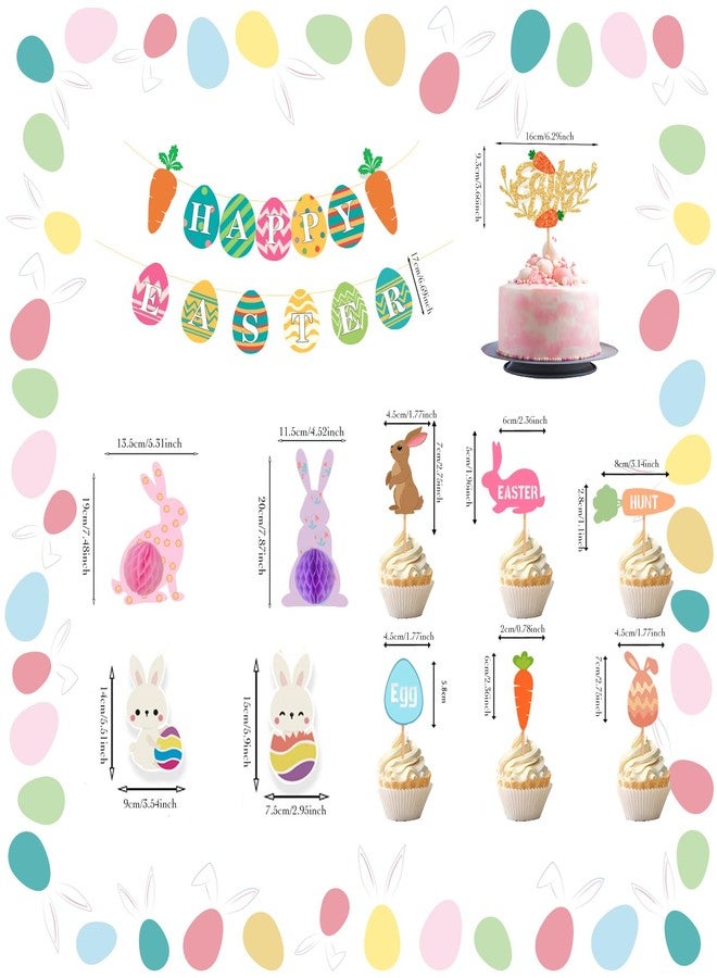 WUXTANGZ 39Pcs Easter Decorations, Bunny Eggs Hanging Party Decorations, Happy Easter Banner with Carrot 3D Honeycomb Ornaments and Cupcake Toppers Decorations for Home Party Supplies - Image 2
