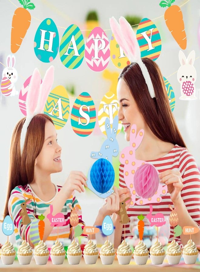WUXTANGZ 39Pcs Easter Decorations, Bunny Eggs Hanging Party Decorations, Happy Easter Banner with Carrot 3D Honeycomb Ornaments and Cupcake Toppers Decorations for Home Party Supplies - Image 3