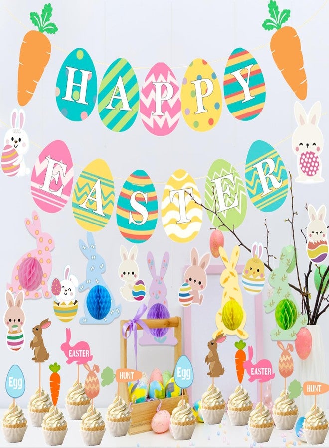 WUXTANGZ 39Pcs Easter Decorations, Bunny Eggs Hanging Party Decorations, Happy Easter Banner with Carrot 3D Honeycomb Ornaments and Cupcake Toppers Decorations for Home Party Supplies - Image 4