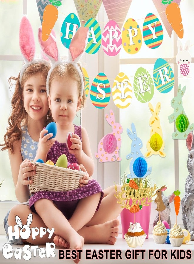 WUXTANGZ 39Pcs Easter Decorations, Bunny Eggs Hanging Party Decorations, Happy Easter Banner with Carrot 3D Honeycomb Ornaments and Cupcake Toppers Decorations for Home Party Supplies - Image 5
