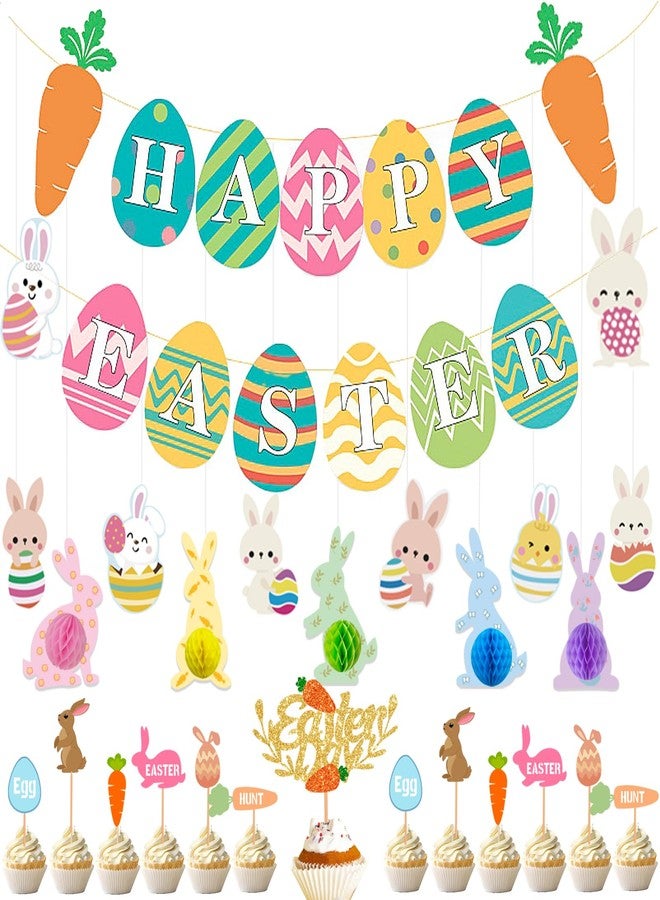 WUXTANGZ 39Pcs Easter Decorations, Bunny Eggs Hanging Party Decorations, Happy Easter Banner with Carrot 3D Honeycomb Ornaments and Cupcake Toppers Decorations for Home Party Supplies - Image 1