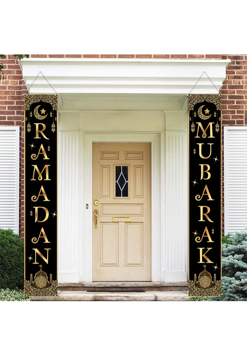 Aikanbo Ramadan Mubarak Eid Mubarak Hanging Banner,Black Gold Moon Lantern Porch Outdoor Ramadan Mubarak Decoration-180 x 30cm  - Image 1