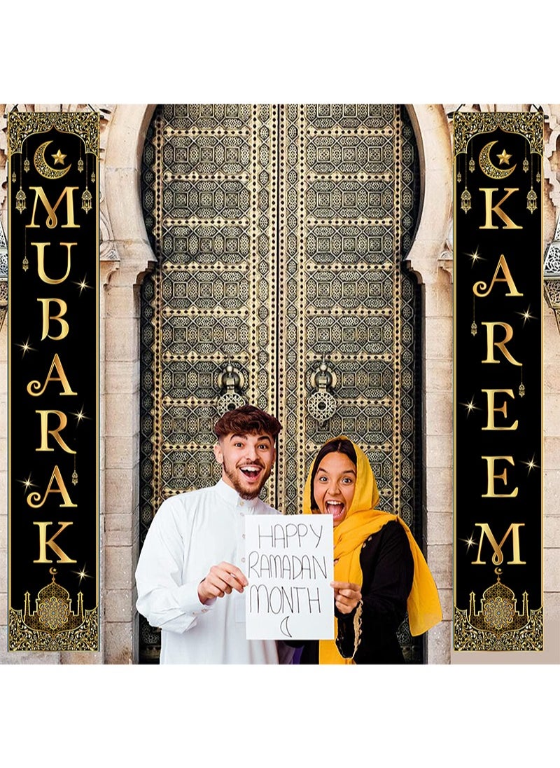 Aikanbo Ramadan Mubarak Eid Mubarak Hanging Banner,Black Gold Moon Lantern Porch Outdoor Ramadan Mubarak Decoration-180 x 30cm  - Image 3