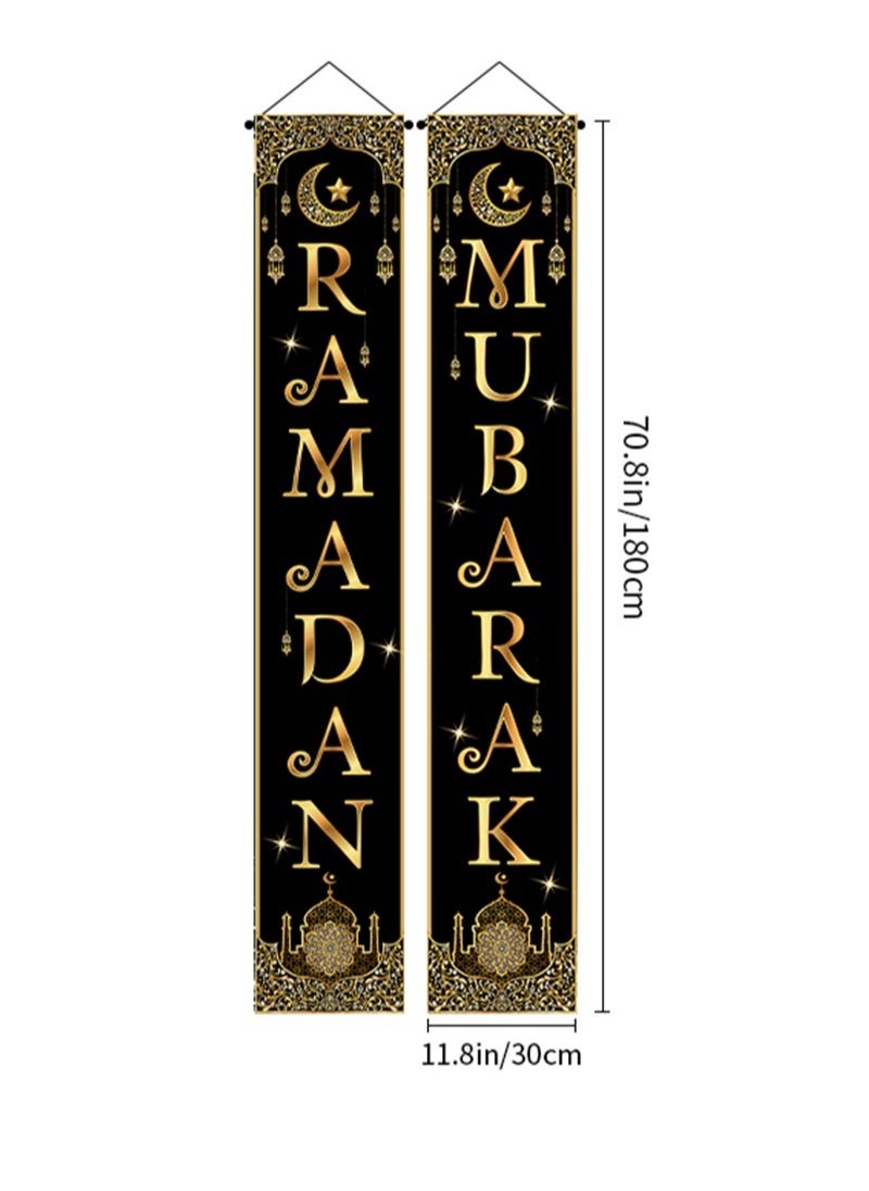 Aikanbo Ramadan Mubarak Eid Mubarak Hanging Banner,Black Gold Moon Lantern Porch Outdoor Ramadan Mubarak Decoration-180 x 30cm  - Image 2