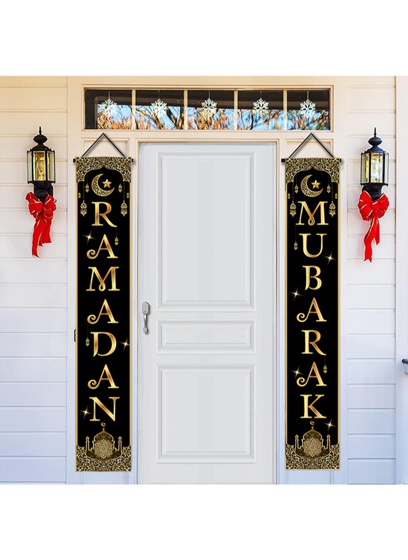 Aikanbo Ramadan Mubarak Eid Mubarak Hanging Banner,Black Gold Moon Lantern Porch Outdoor Ramadan Mubarak Decoration-180 x 30cm  - Image 4