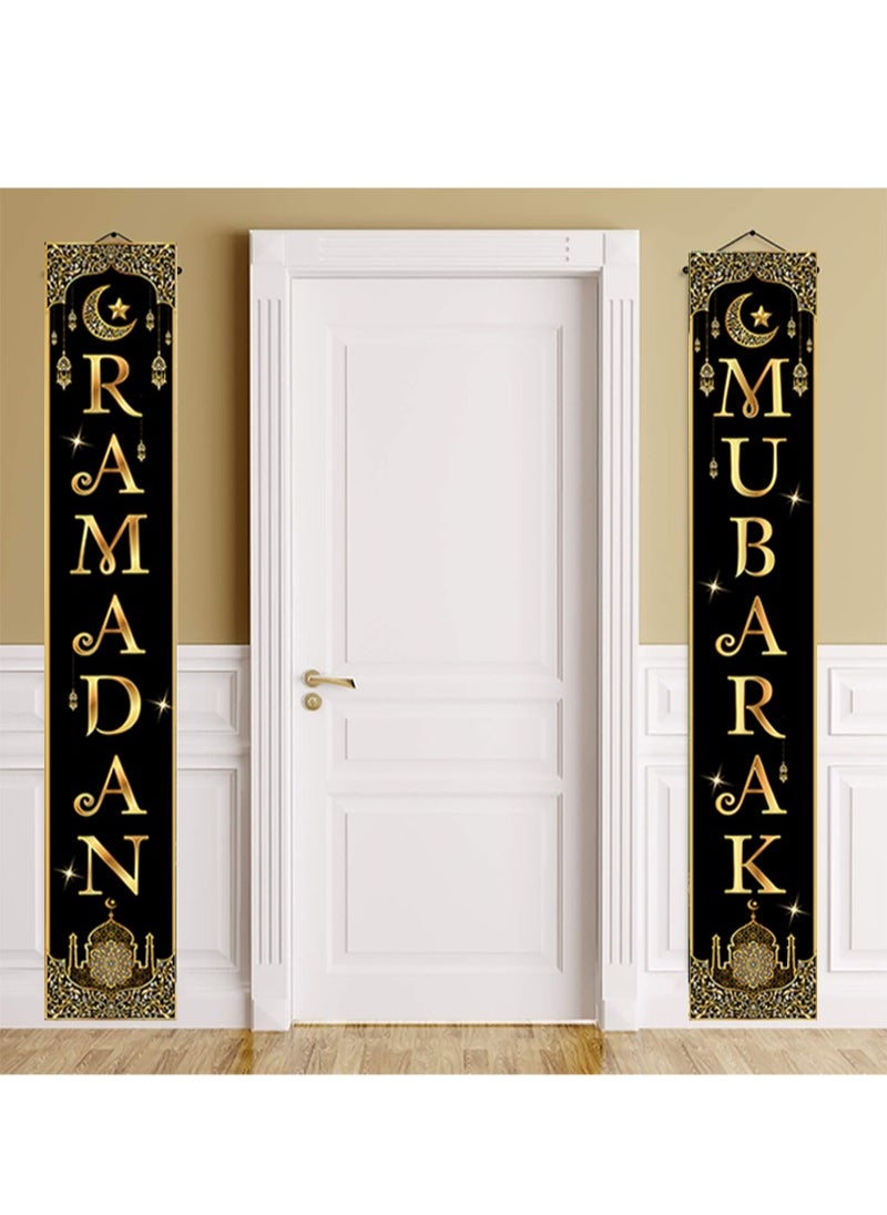 Aikanbo Ramadan Mubarak Eid Mubarak Hanging Banner,Black Gold Moon Lantern Porch Outdoor Ramadan Mubarak Decoration-180 x 30cm  - Image 5