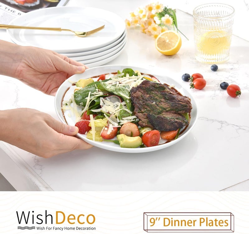 WishDeco White Dinner Plates Set of 6, Porcelain Salad Plates 桅9 inch/ 23 cm, Modern Kitchen Plate, Round Serving Dishes, Microwave and Dishwasher Safe, Scratch Resistant, Smooth Glaze - Image 2