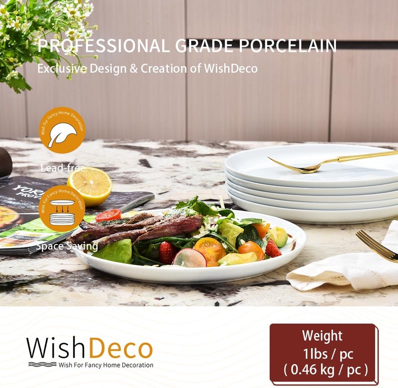 WishDeco White Dinner Plates Set of 6, Porcelain Salad Plates 桅9 inch/ 23 cm, Modern Kitchen Plate, Round Serving Dishes, Microwave and Dishwasher Safe, Scratch Resistant, Smooth Glaze - Image 4