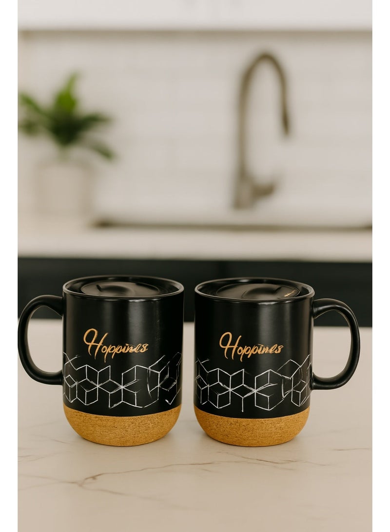 Luxury Black Mug with Rubber Base with Lid and Multiple Designs 2 Pcs Set - Image 1