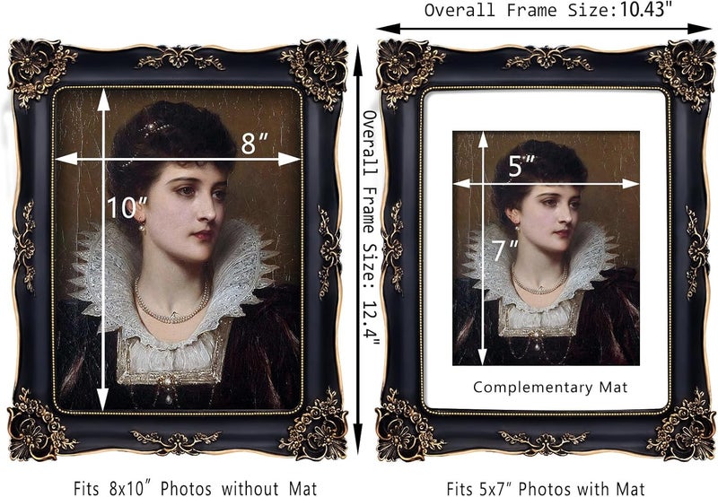 FJXMFRAME Gothic Picture Frame 8x10 Black Vintage Picture Frames Antique Ornate Baroque Victorian for Wall or Tabletop Display, Fits 8x10 or 5x7 Photo with Mat - Image 5