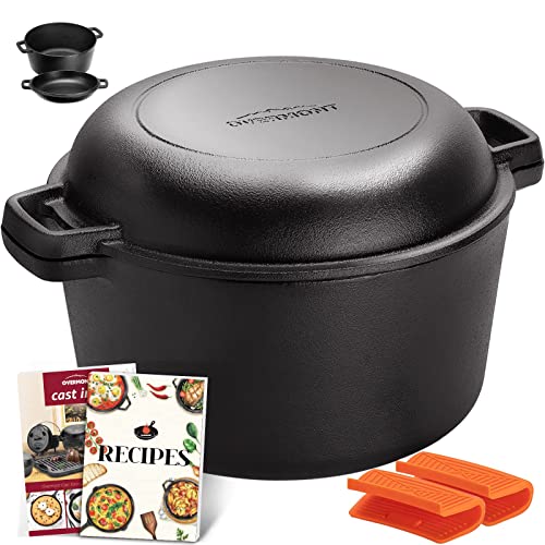 Overmont 2 in 1 Pre Seasoned Dutch Oven with Skillet Lid for Induction Electric Grill Stovetop BBQ Camping 5 Quart