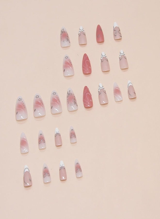 KRTBKR 24Pcs Pink Almond Acrylic False Nails - Bow, Heart, Star, Glitter Design - Full Cover, White French Tip - DIY Nail Art Tools Included - Image 4