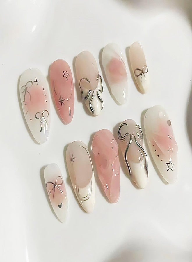 KRTBKR 24Pcs Pink Almond Acrylic False Nails - Bow, Heart, Star, Glitter Design - Full Cover, White French Tip - DIY Nail Art Tools Included - Image 1