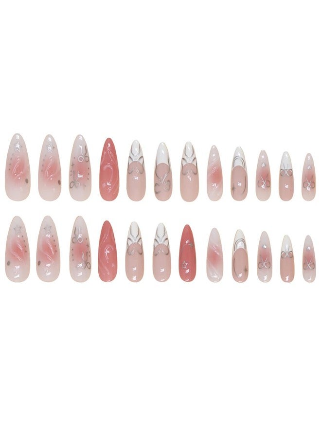 KRTBKR 24Pcs Pink Almond Acrylic False Nails - Bow, Heart, Star, Glitter Design - Full Cover, White French Tip - DIY Nail Art Tools Included - Image 5