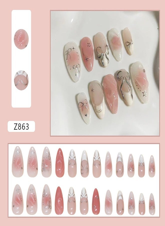 KRTBKR 24Pcs Pink Almond Acrylic False Nails - Bow, Heart, Star, Glitter Design - Full Cover, White French Tip - DIY Nail Art Tools Included - Image 2
