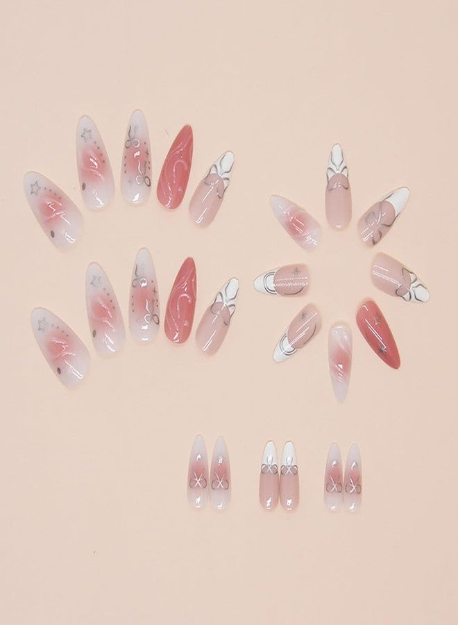 KRTBKR 24Pcs Pink Almond Acrylic False Nails - Bow, Heart, Star, Glitter Design - Full Cover, White French Tip - DIY Nail Art Tools Included - Image 3