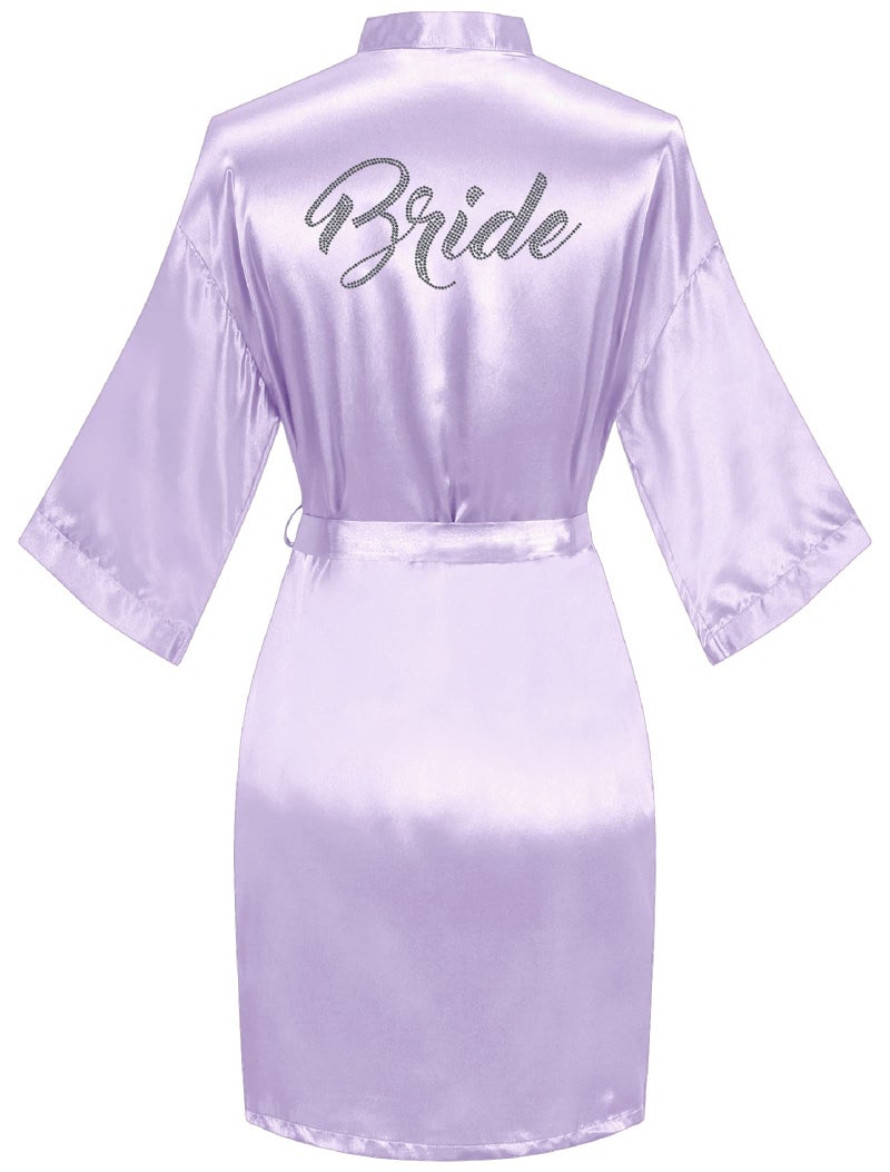 sunshinemall sunshinemall Women's Satin Kimono Robes with Rhinestones Bride Bridesmaid Short Getting Ready Wedding Dressing Gown  - Image 1