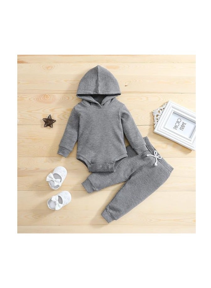Newborn Unisex Baby Clothes Set Hooded Long Sleeve Bodysuit Stretchy Pants Ribbed Outfits Fall Winter - Image 2