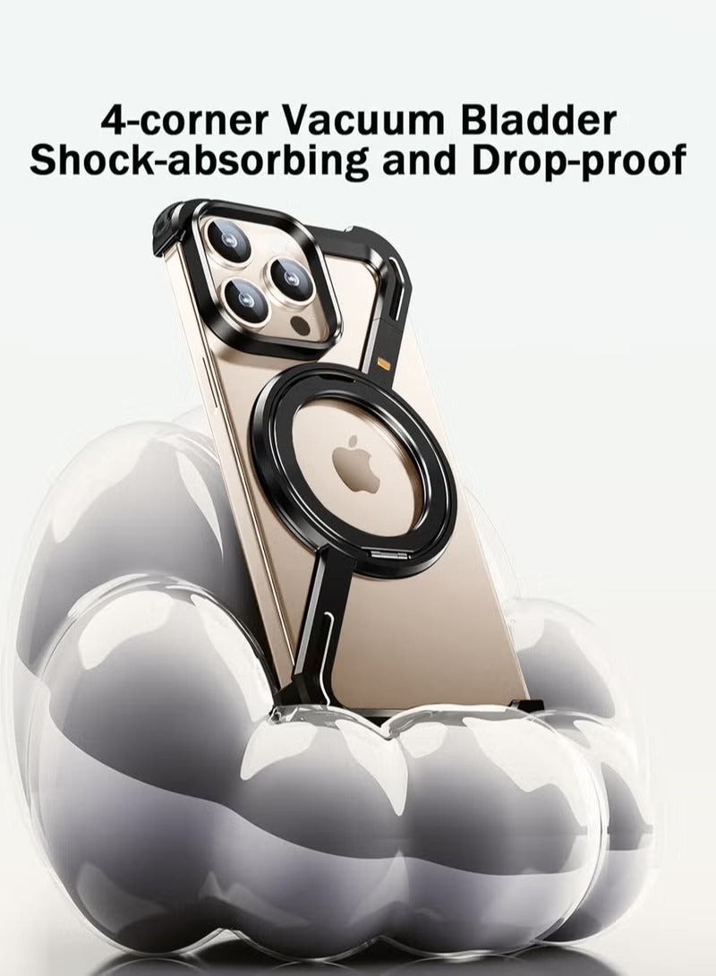 iPhone 16 Pro Case with 360° Rotating Kickstand | Frameless Aluminum Design Bumper Z Case | Shockproof, MagSafe Compatible, Metal Slim Protective Shell Black  - Image 3
