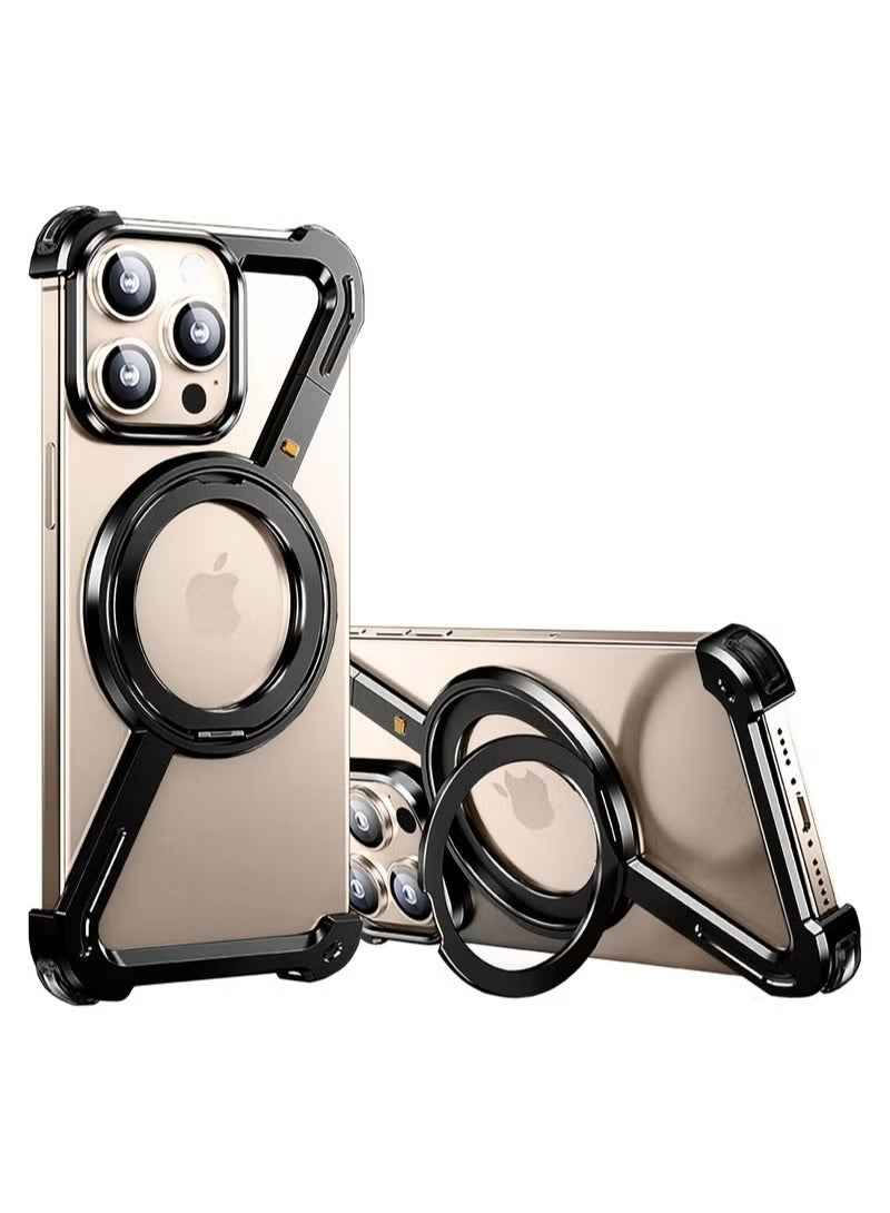 iPhone 16 Pro Case with 360° Rotating Kickstand | Frameless Aluminum Design Bumper Z Case | Shockproof, MagSafe Compatible, Metal Slim Protective Shell Black  - Image 1