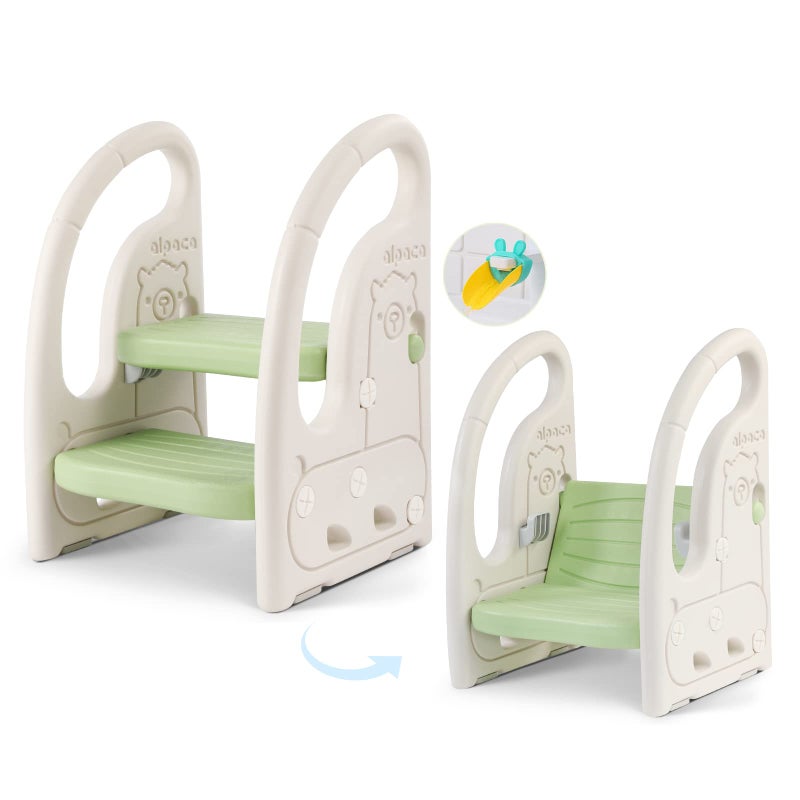 Onasti Toddler Step Stool for Bathroom Sink Adjustable 2 Step Stop for Kids with Handles Toilet Stool Potty Training Plastic Ladder Toddler Helper Stool for Bedroom Kitchen Counter Green White